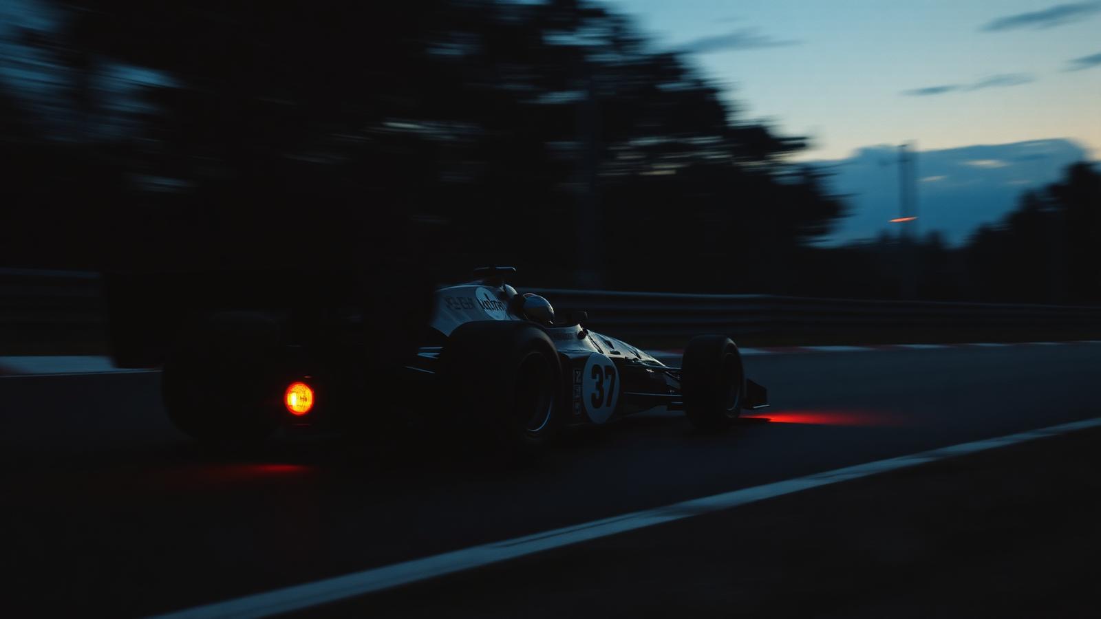 A 1970s Formula One car blurred at speed on a dusk-lit circuit